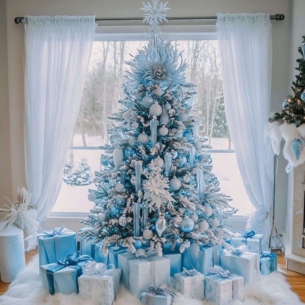 20. Enchanting Frozen-Themed Blue Christmas Tree with Icy Ornaments