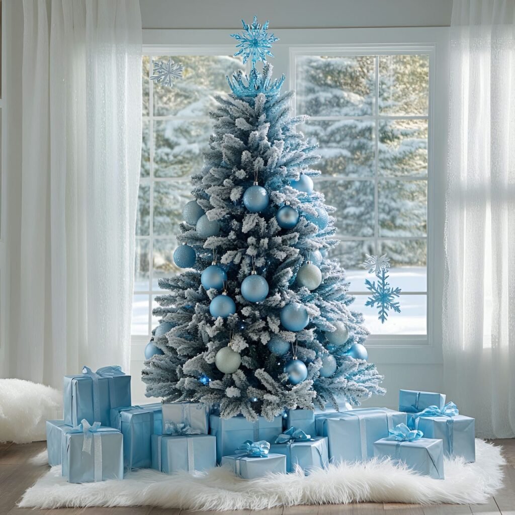 20. Enchanting Frozen-Themed Blue Christmas Tree with Icy Ornaments