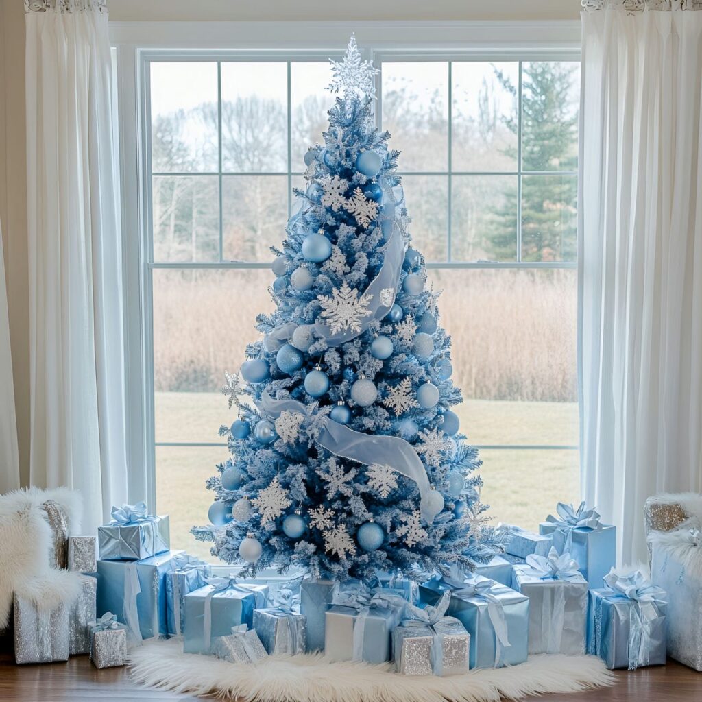 20. Enchanting Frozen-Themed Blue Christmas Tree with Icy Ornaments