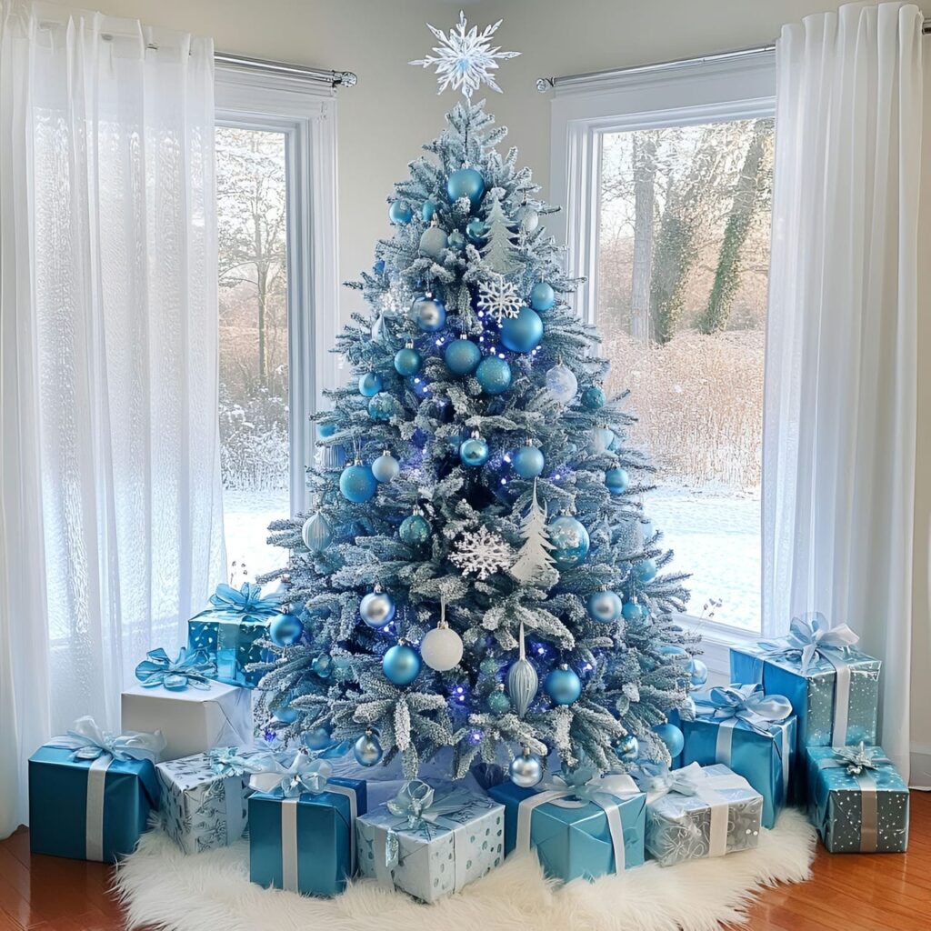 20. Enchanting Frozen-Themed Blue Christmas Tree with Icy Ornaments