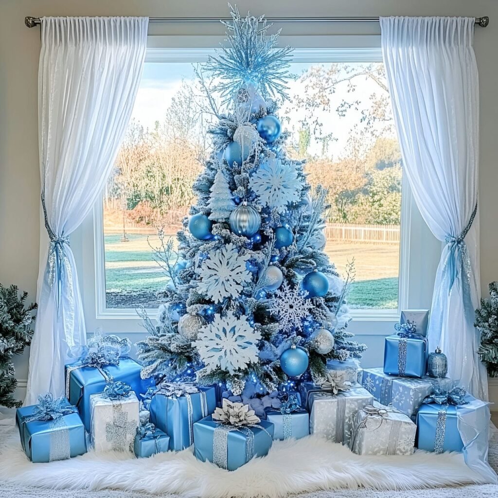 20. Enchanting Frozen-Themed Blue Christmas Tree with Icy Ornaments