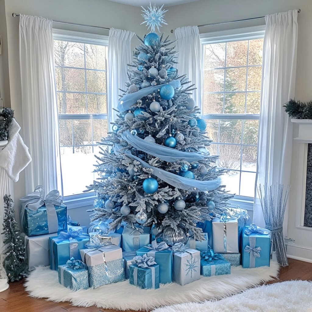 20. Enchanting Frozen-Themed Blue Christmas Tree with Icy Ornaments