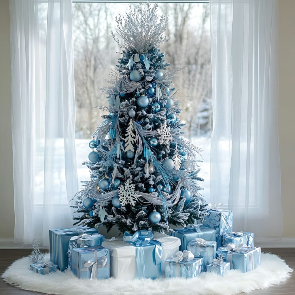 20. Enchanting Frozen-Themed Blue Christmas Tree with Icy Ornaments