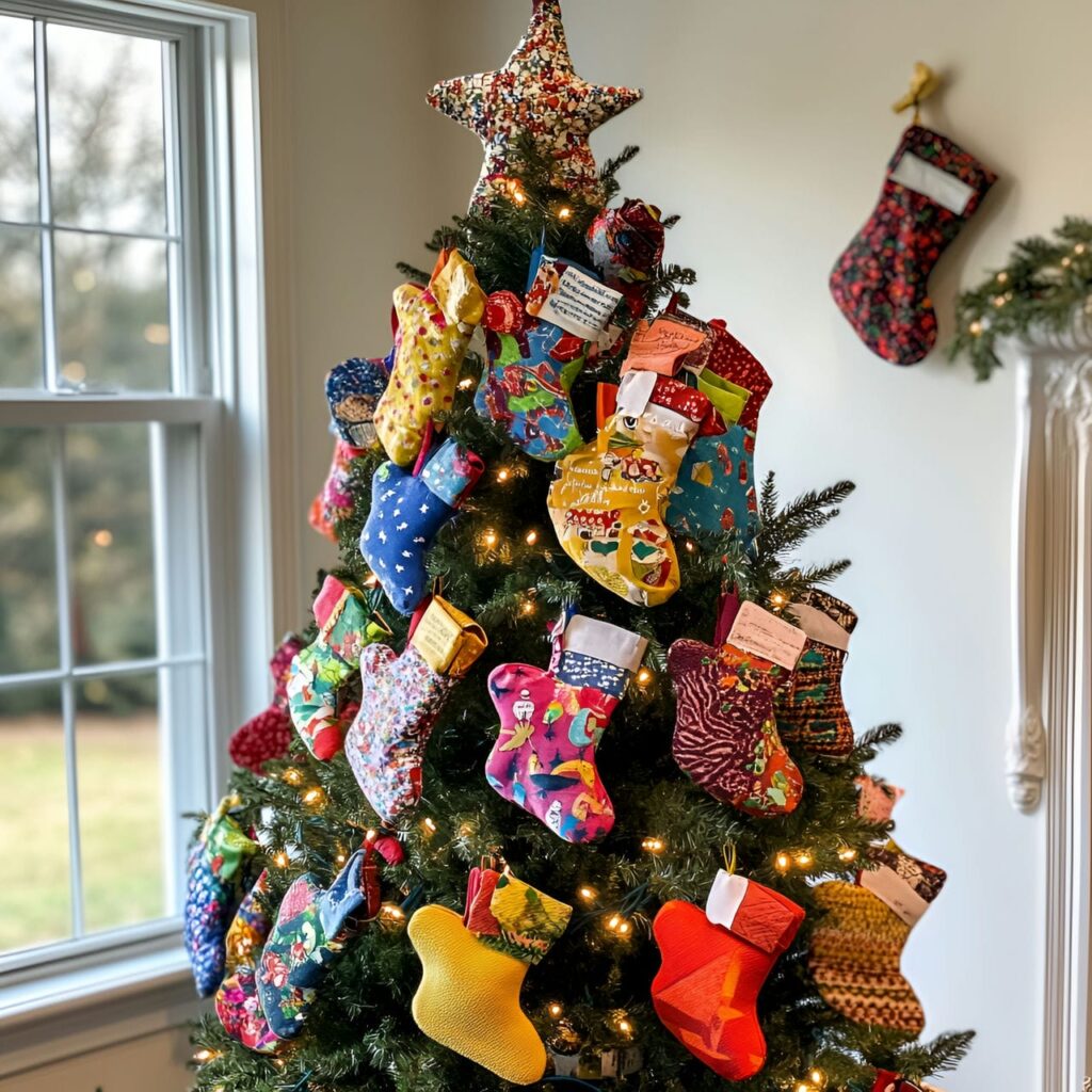 26. Fabric Scraps Ornament Tree with Colorful Upcycled Shapes