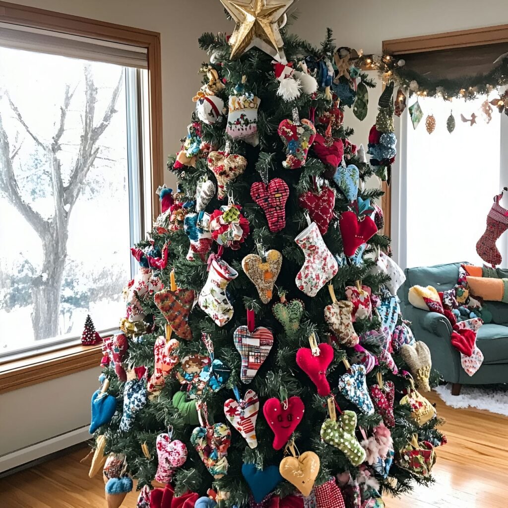 26. Fabric Scraps Ornament Tree with Colorful Upcycled Shapes