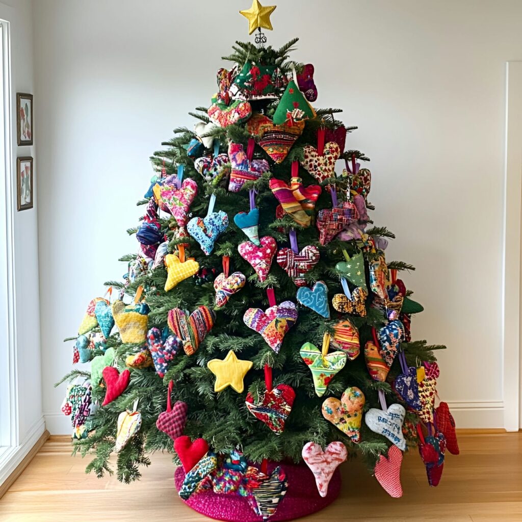 26. Fabric Scraps Ornament Tree with Colorful Upcycled Shapes