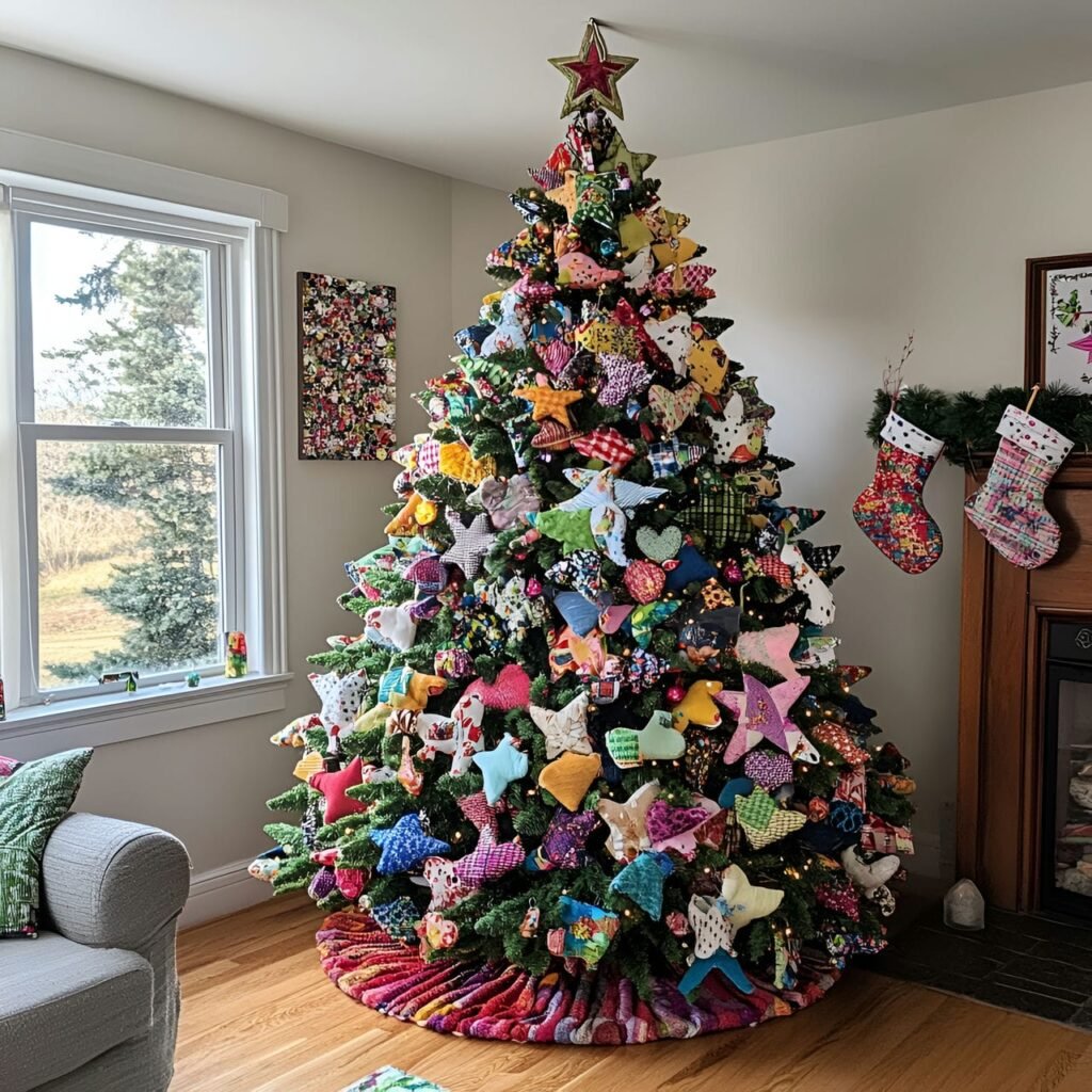 26. Fabric Scraps Ornament Tree with Colorful Upcycled Shapes