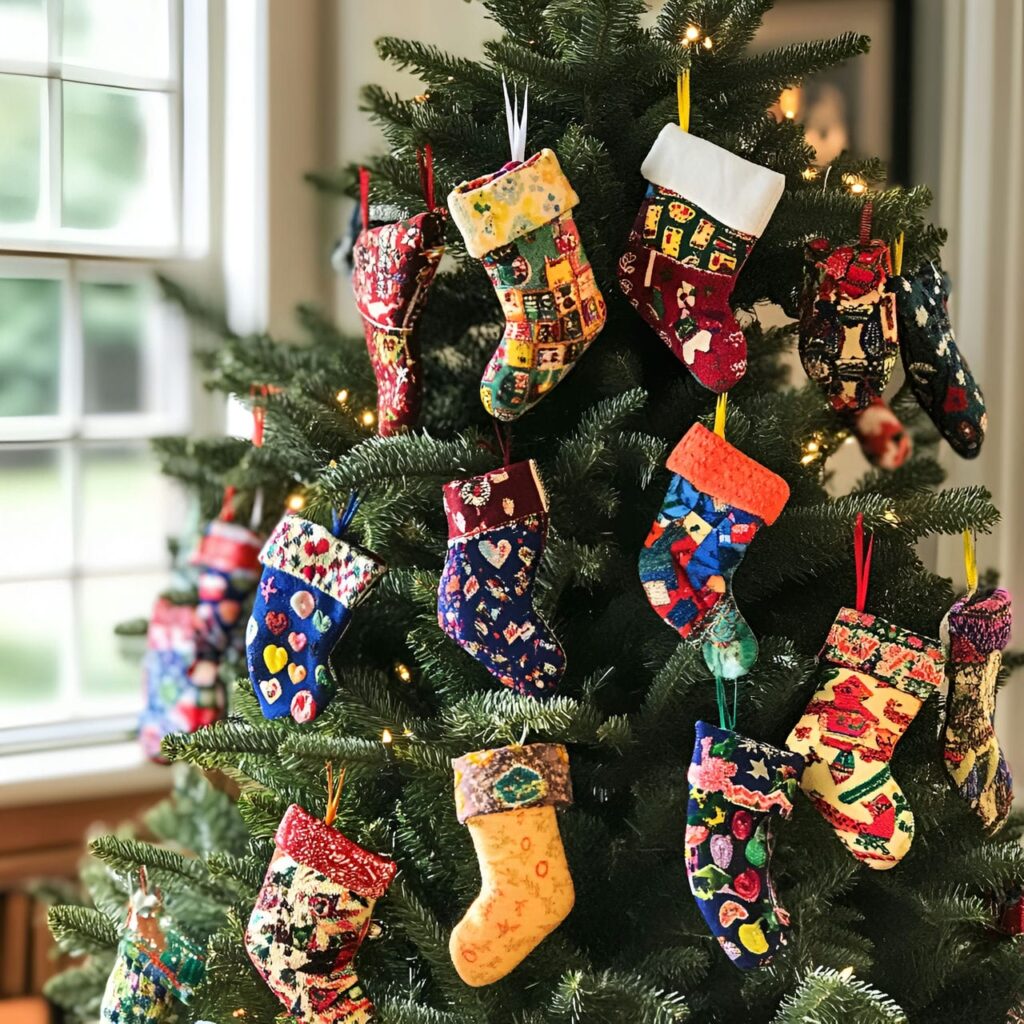 26. Fabric Scraps Ornament Tree with Colorful Upcycled Shapes