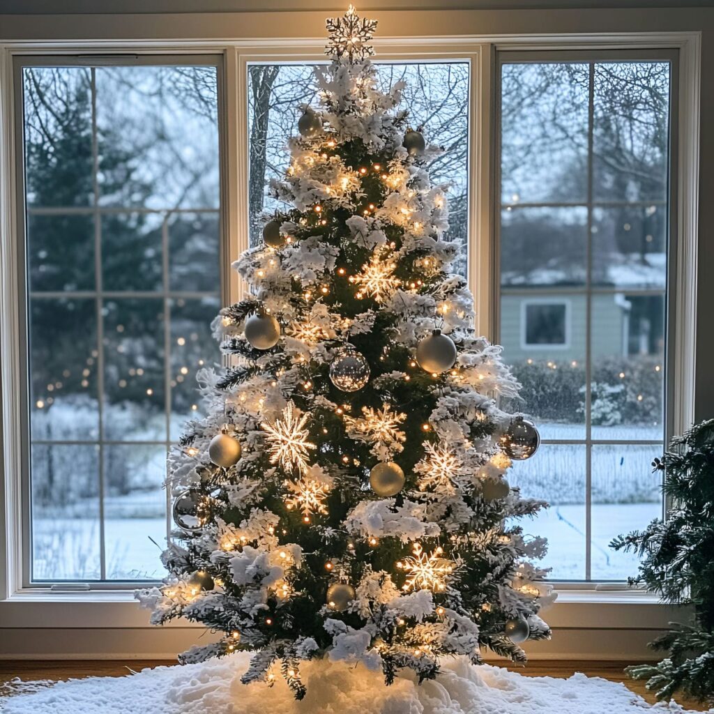 20. Fairy Light Snowfall Tree with Snowflake-Inspired Cascades