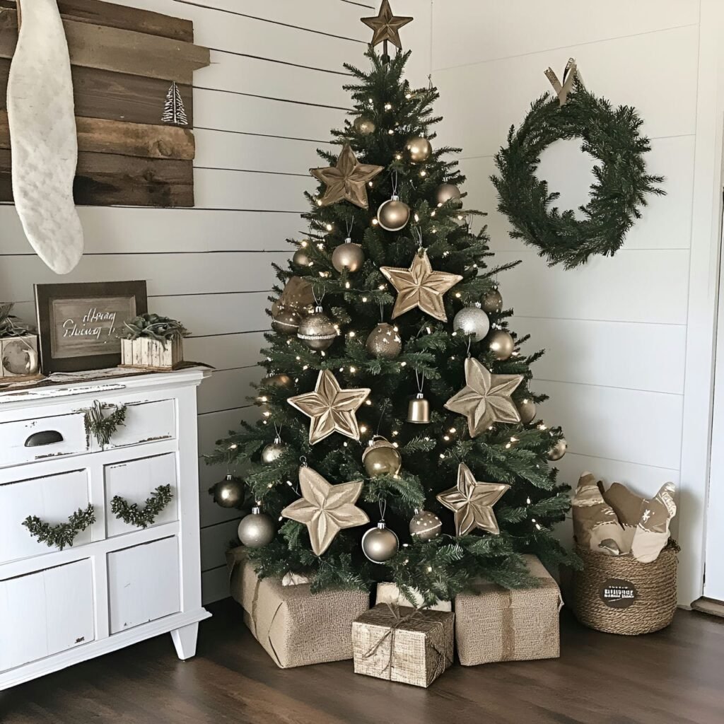 17. Rustic Farmhouse Christmas Tree: Cozy and Charming Country-Inspired Décor