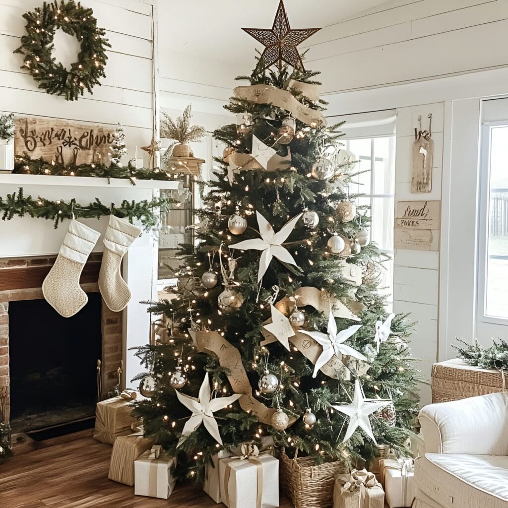 17. Rustic Farmhouse Christmas Tree: Cozy and Charming Country-Inspired Décor