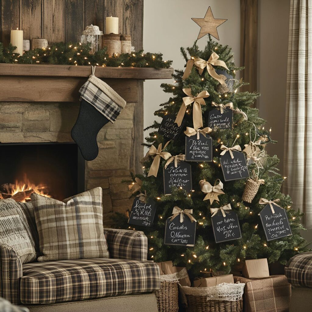 03. Farmhouse Charm Tree with Chalkboard Ornaments and Twine Bows