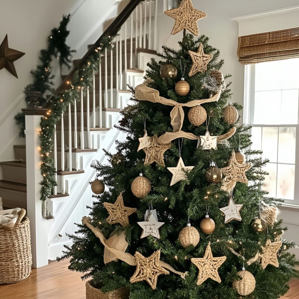 12. Farmhouse Straw Christmas Tree with Straw Ornaments and Snowflakes