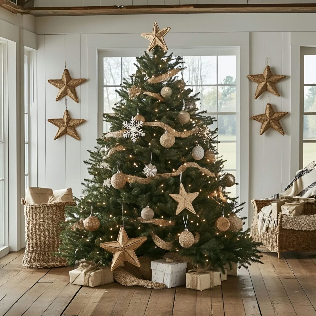 12. Farmhouse Straw Christmas Tree with Straw Ornaments and Snowflakes