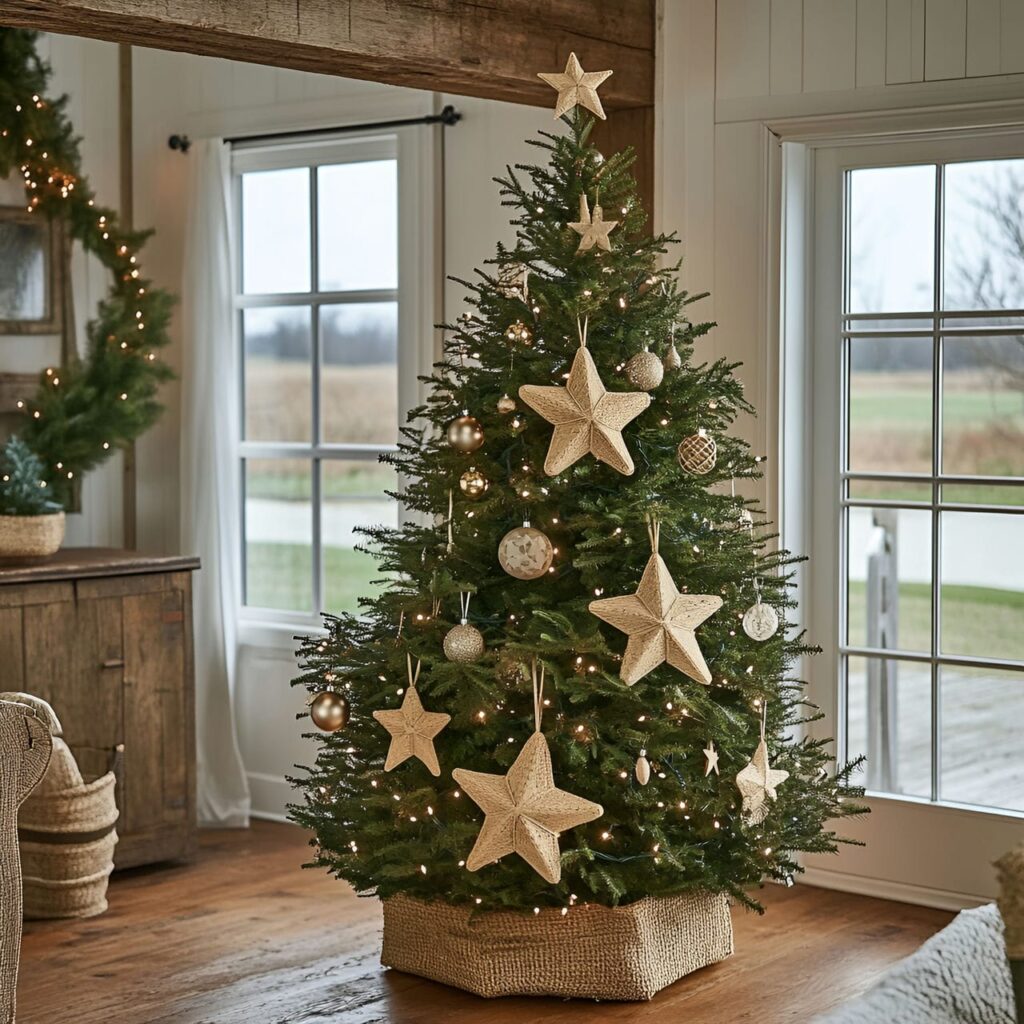 12. Farmhouse Straw Christmas Tree with Straw Ornaments and Snowflakes