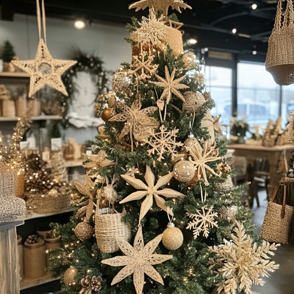 12. Farmhouse Straw Christmas Tree with Straw Ornaments and Snowflakes