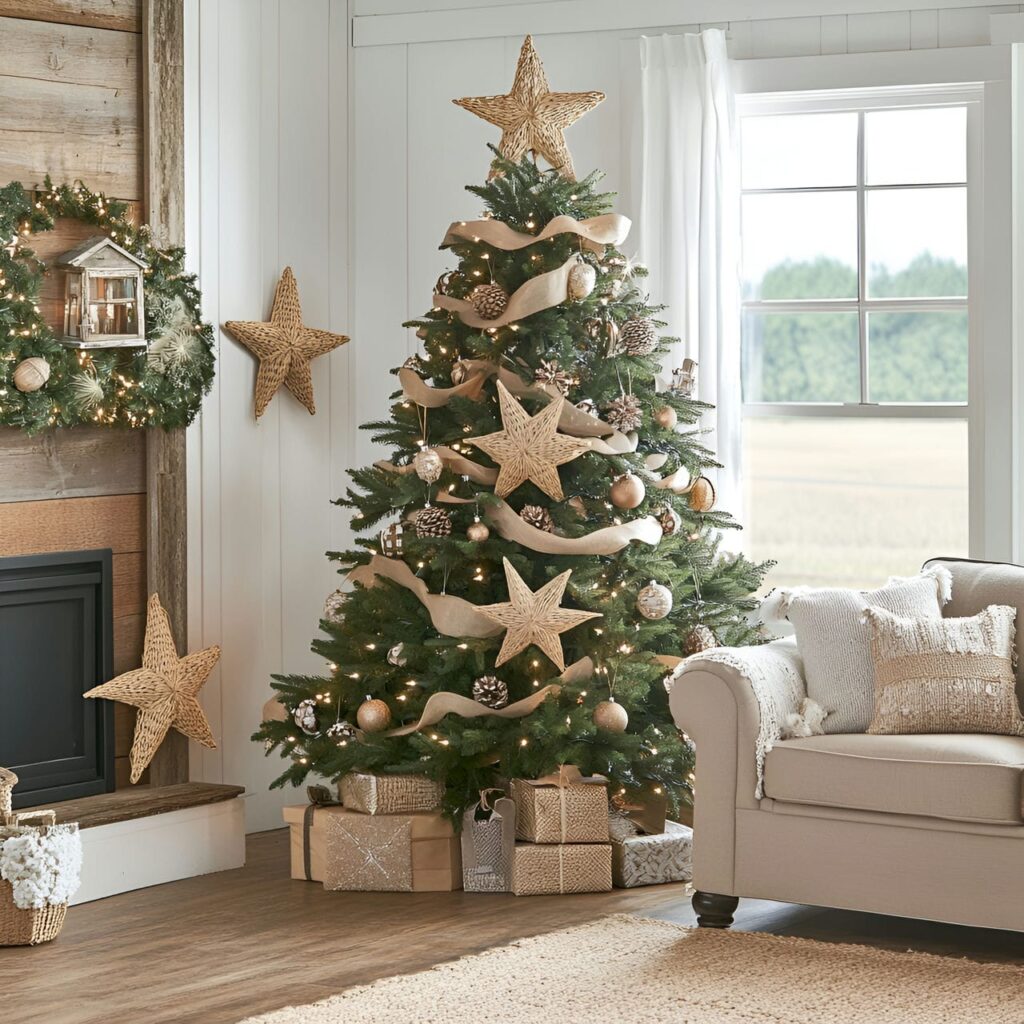 12. Farmhouse Straw Christmas Tree with Straw Ornaments and Snowflakes