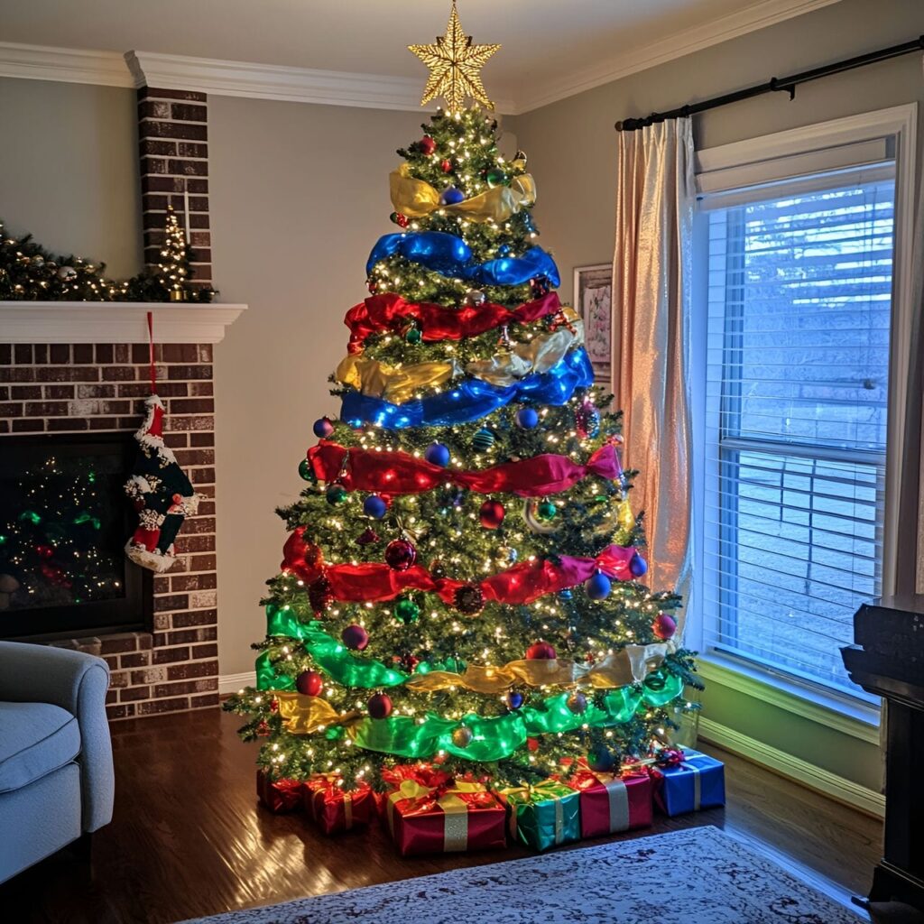 22. Festive Multi-Colored Tree with Ribbons for Added Charm