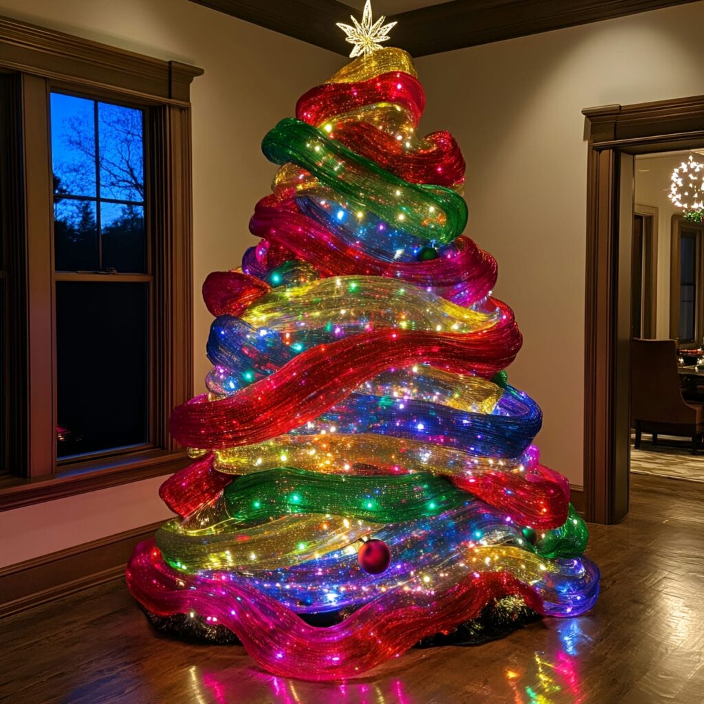 22. Festive Multi-Colored Tree with Ribbons for Added Charm