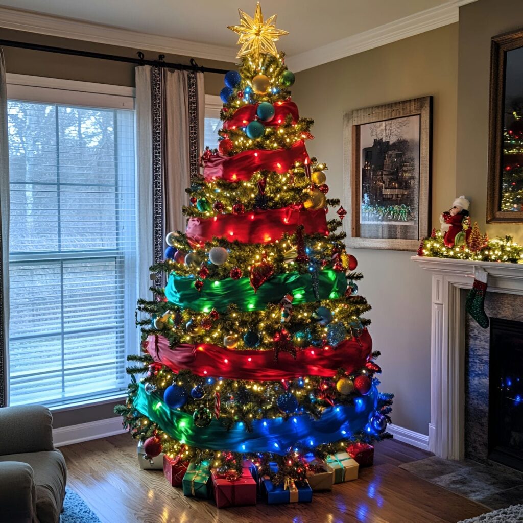 22. Festive Multi-Colored Tree with Ribbons for Added Charm