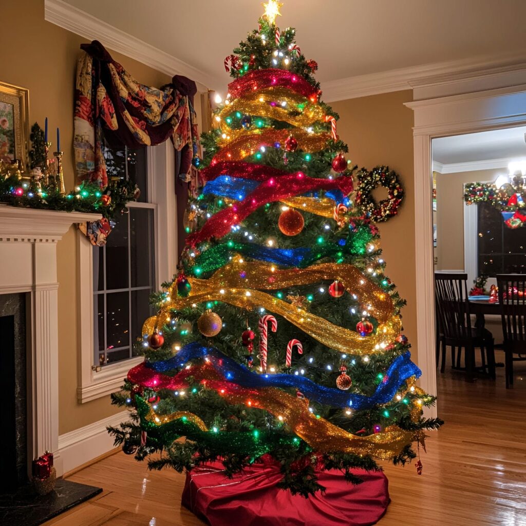 22. Festive Multi-Colored Tree with Ribbons for Added Charm