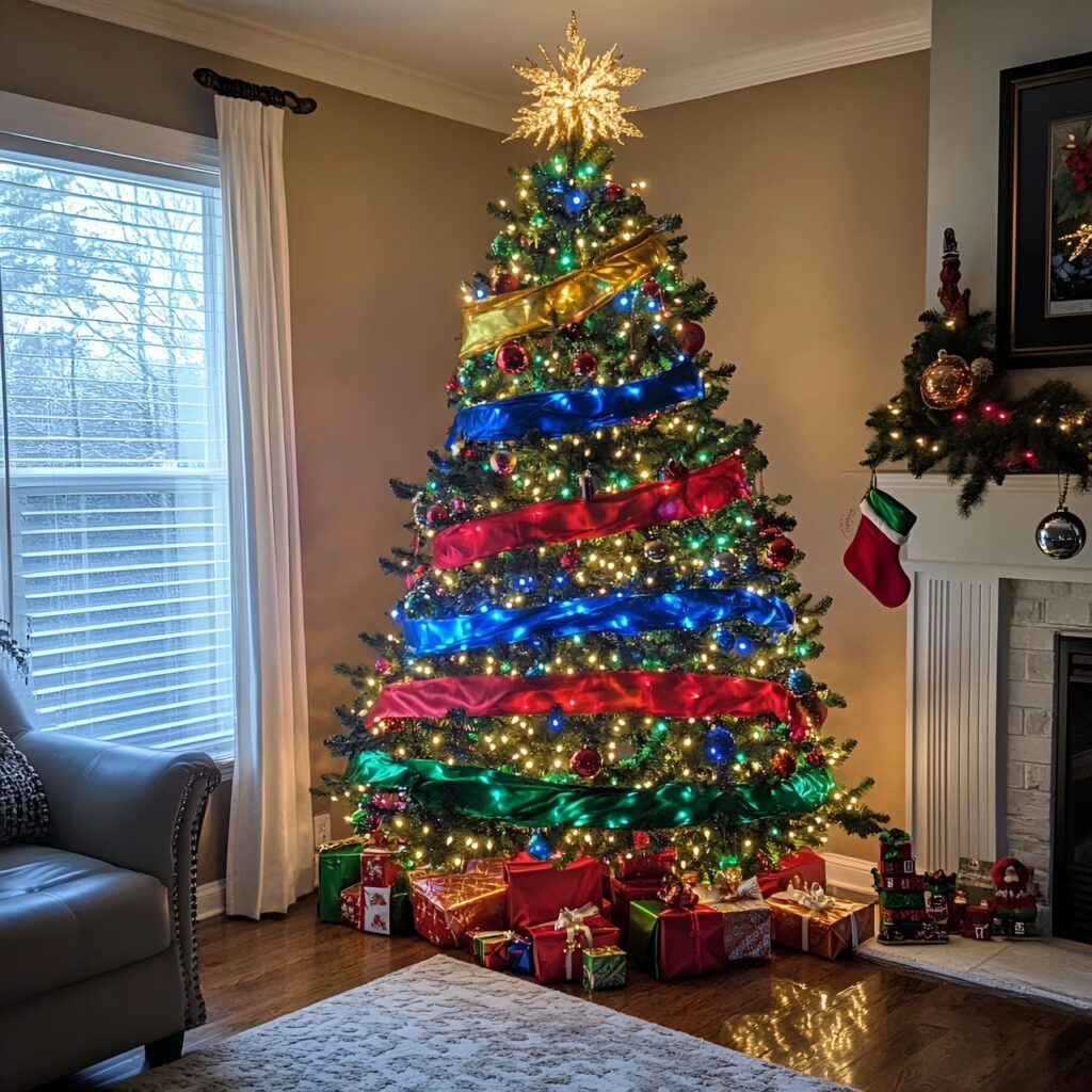 22. Festive Multi-Colored Tree with Ribbons for Added Charm