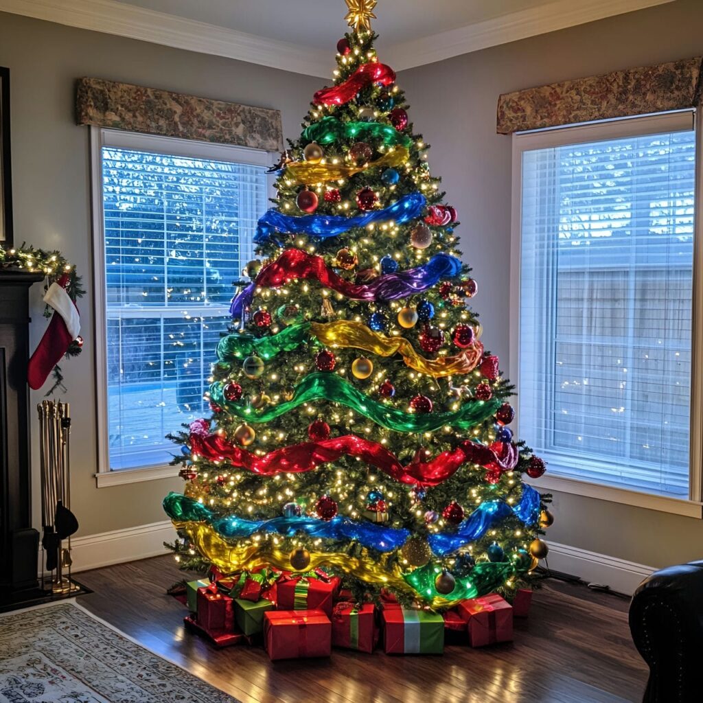 22. Festive Multi-Colored Tree with Ribbons for Added Charm