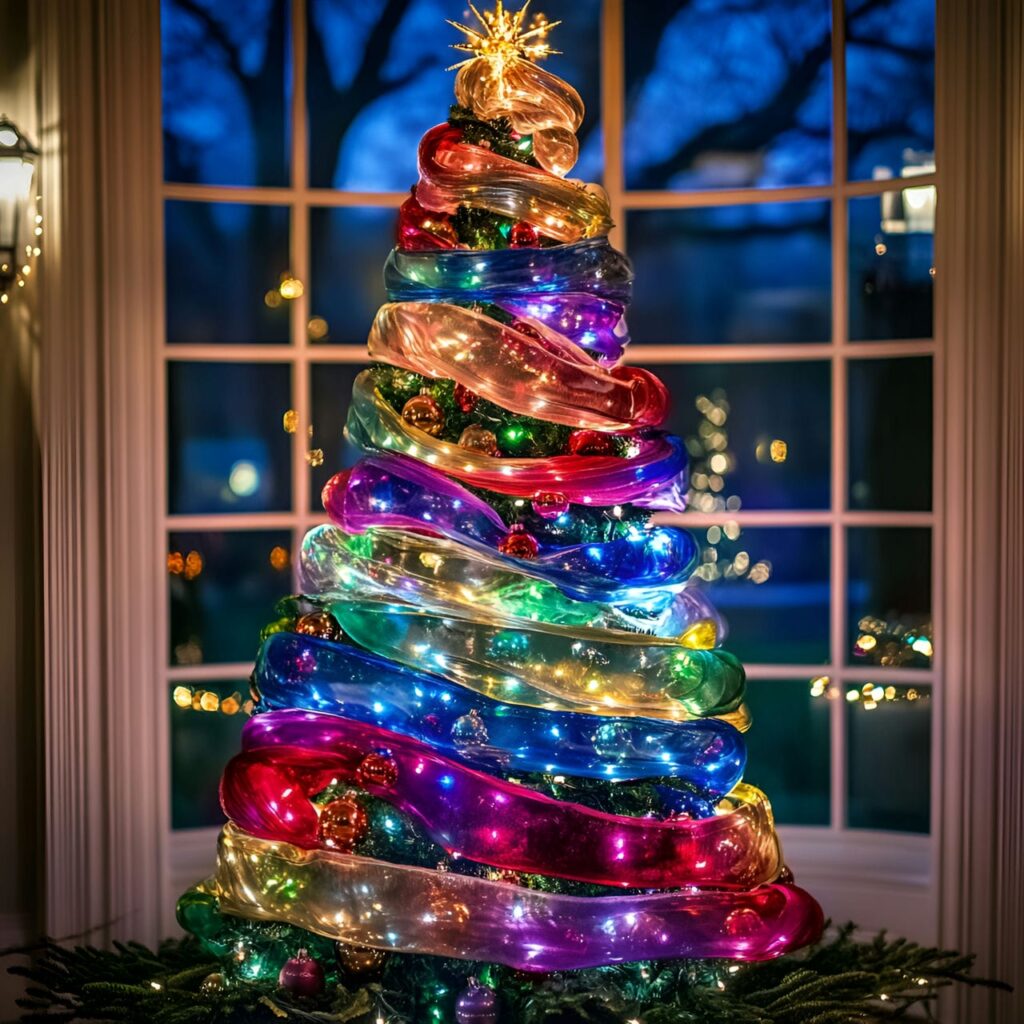 22. Festive Multi-Colored Tree with Ribbons for Added Charm