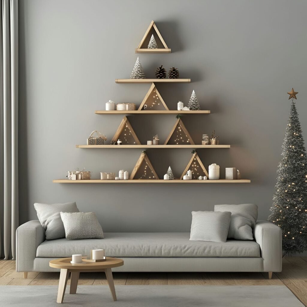 13. Floating Shelves Christmas Tree with Minimal Décor