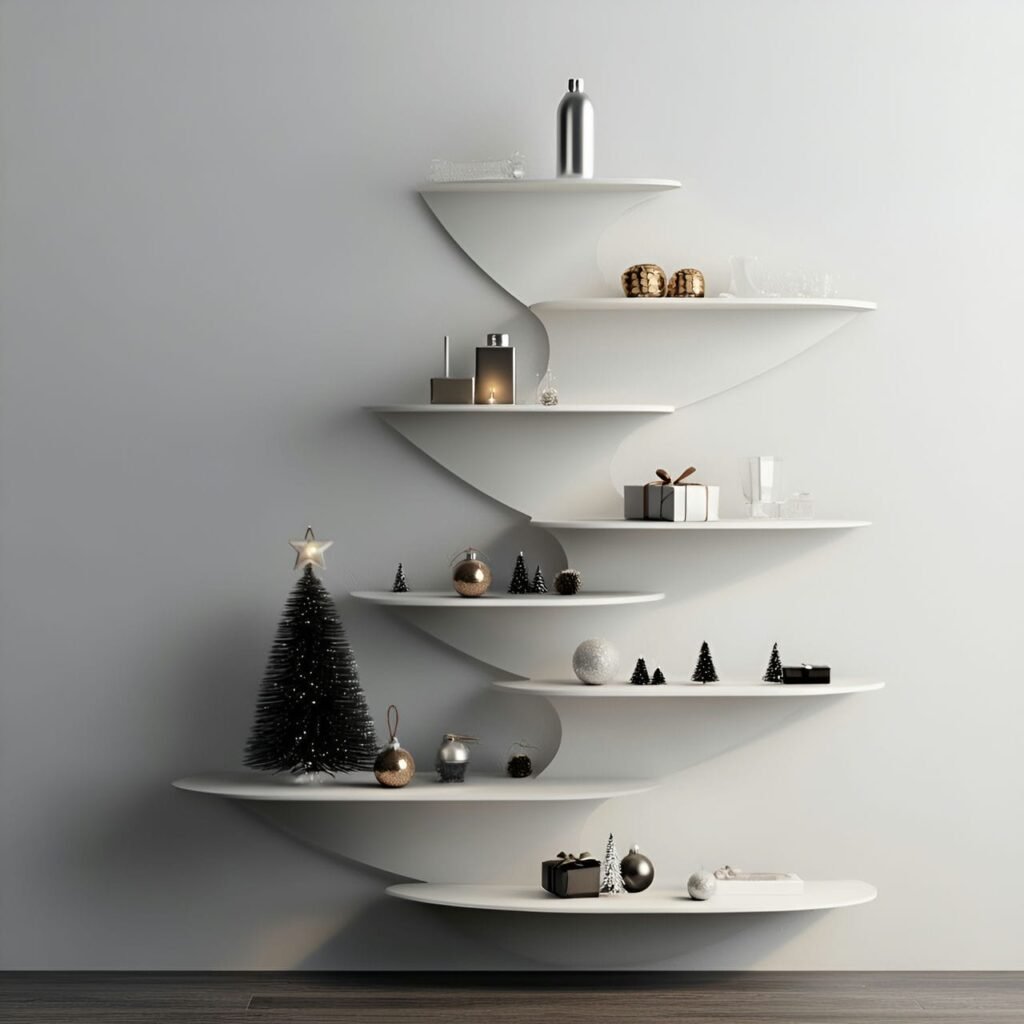 13. Floating Shelves Christmas Tree with Minimal Décor