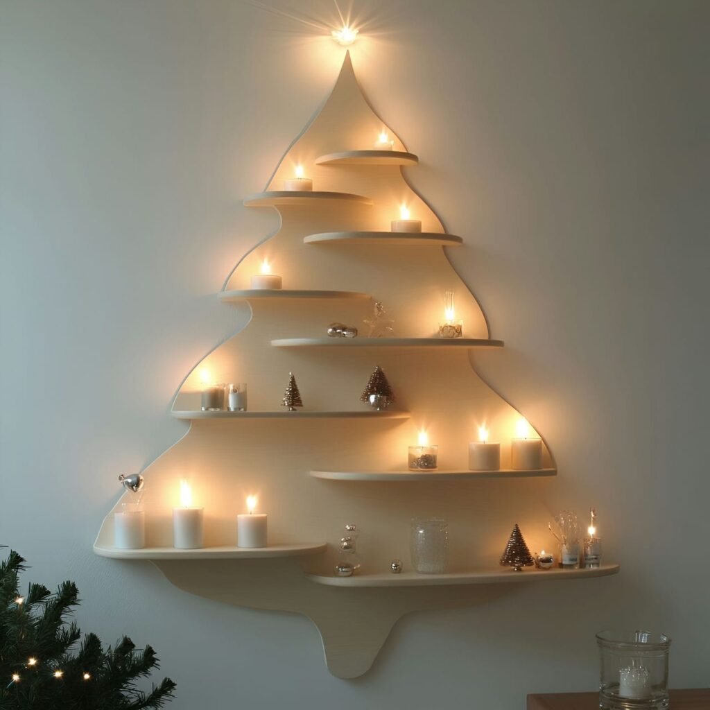 13. Floating Shelves Christmas Tree with Minimal Décor