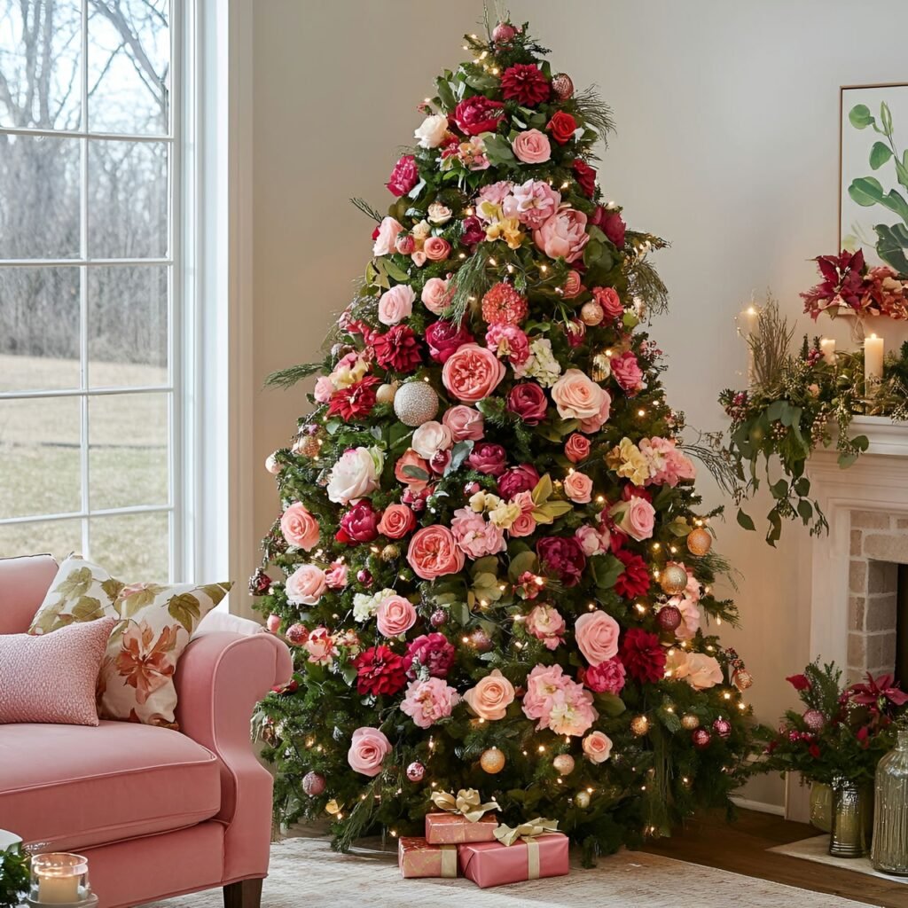 28. Floral Garden Christmas Tree: Nature-Inspired Holiday Décor