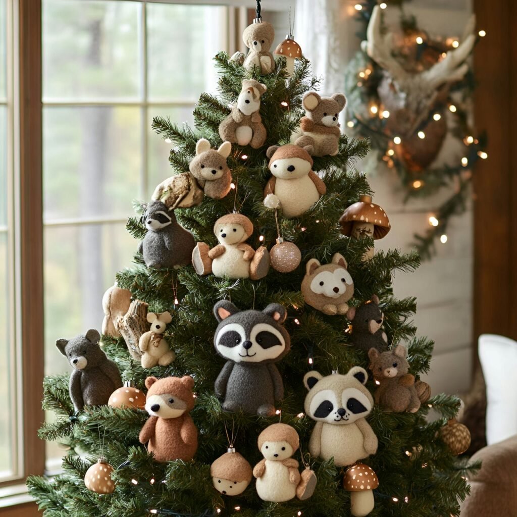 05. Forest Animals Christmas Tree with Bear, Raccoon, and Wolf Ornaments