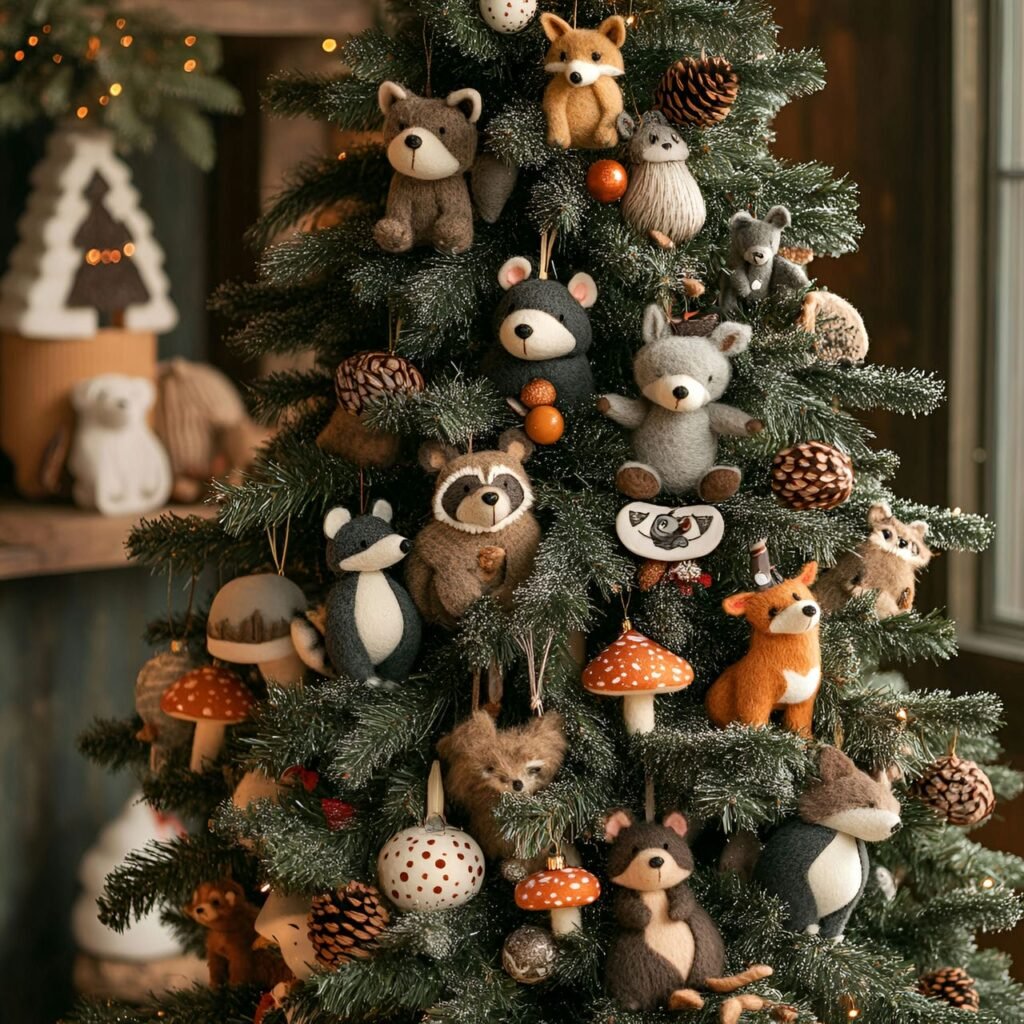 05. Forest Animals Christmas Tree with Bear, Raccoon, and Wolf Ornaments