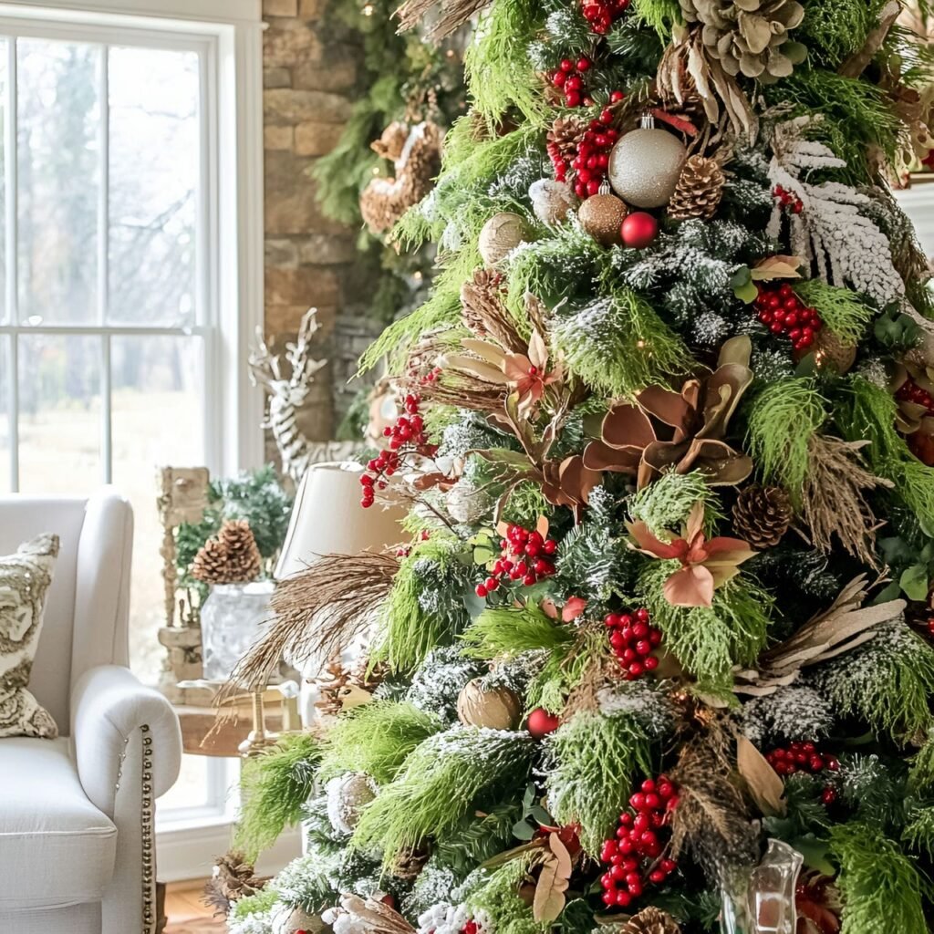 15. Forest Flora Christmas Tree with Ferns, Moss, and Berry Accents