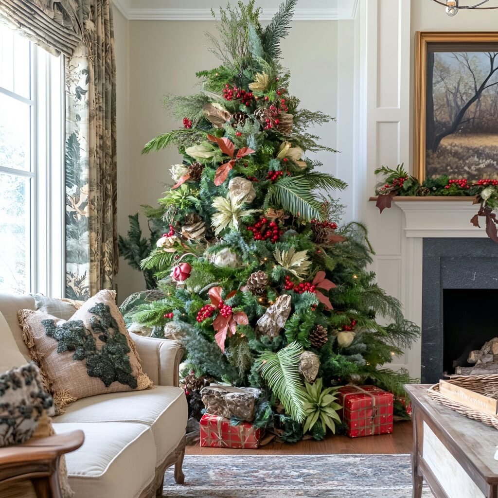 15. Forest Flora Christmas Tree with Ferns, Moss, and Berry Accents