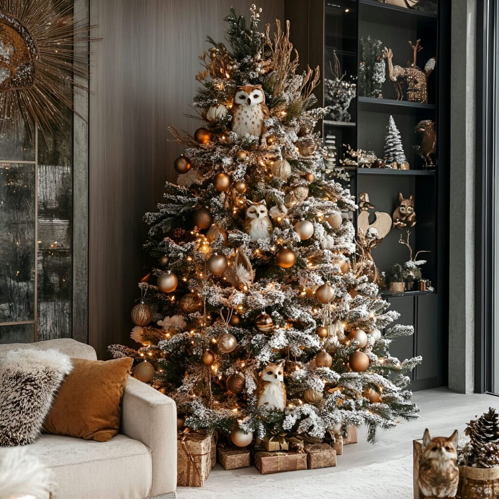 27. Fox & Owl Tree with Pinecones and Warm-Toned Fairy Lights