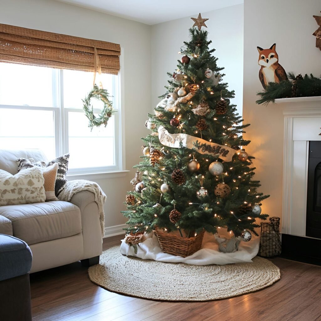 27. Fox & Owl Tree with Pinecones and Warm-Toned Fairy Lights