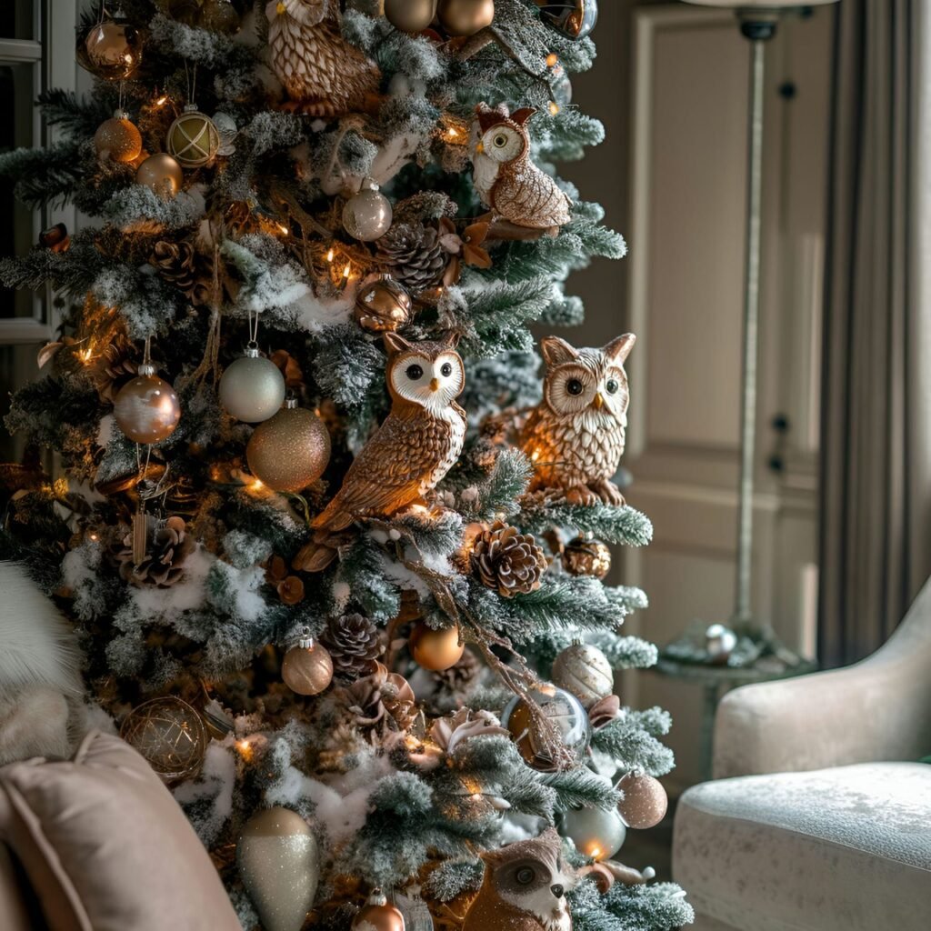 27. Fox & Owl Tree with Pinecones and Warm-Toned Fairy Lights