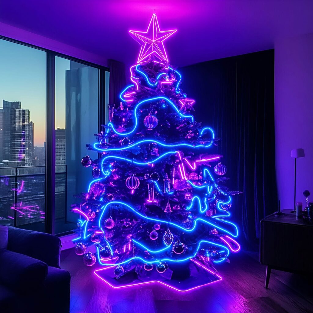 14. Futuristic Festivities with Electric Neon Holiday Glow