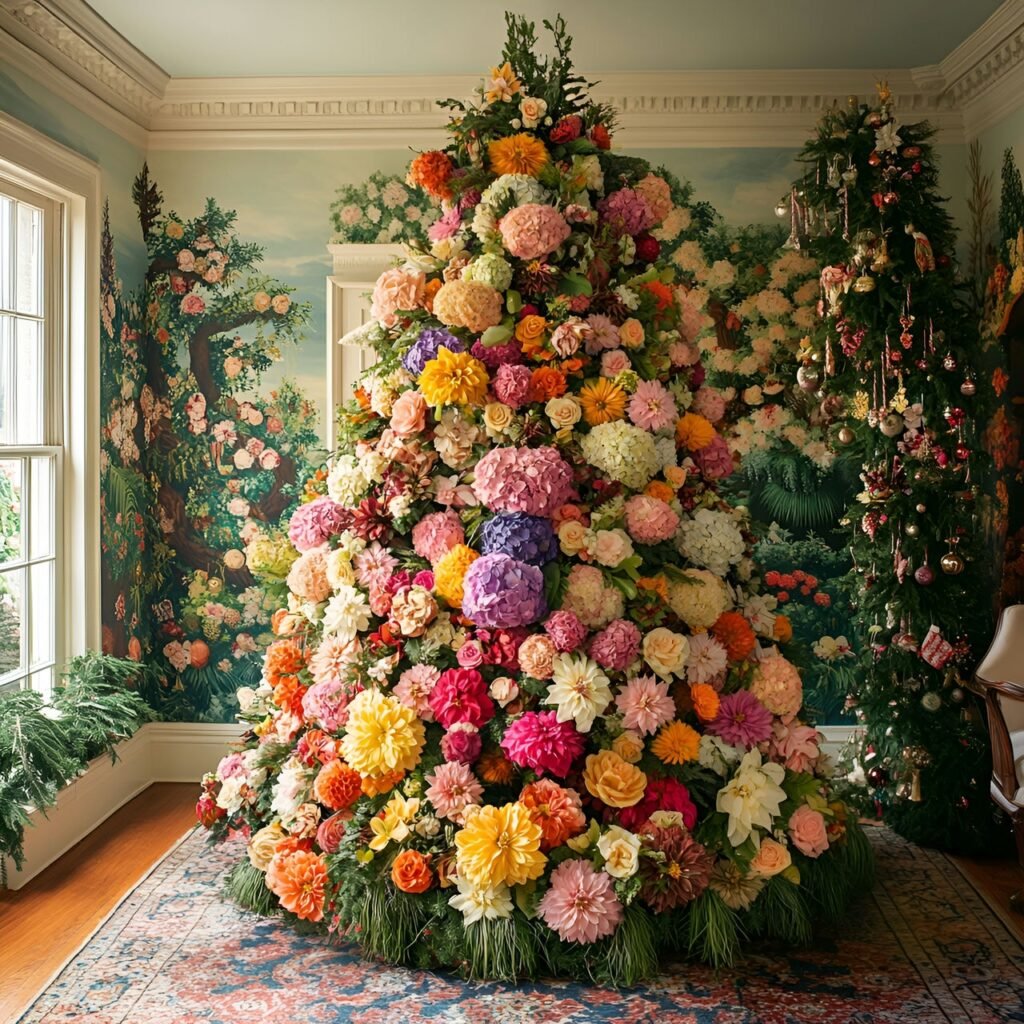 28. Floral Garden Christmas Tree: Nature-Inspired Holiday Décor