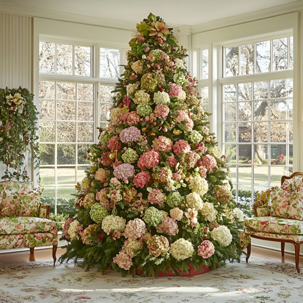 28. Floral Garden Christmas Tree: Nature-Inspired Holiday Décor