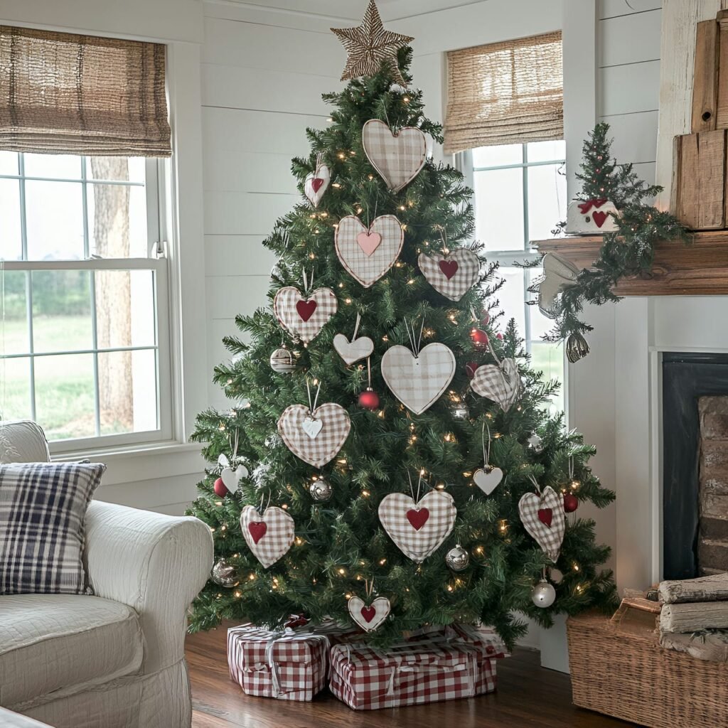 24. Gingham and Tinsel Christmas Tree with Tin Hearts & Bows