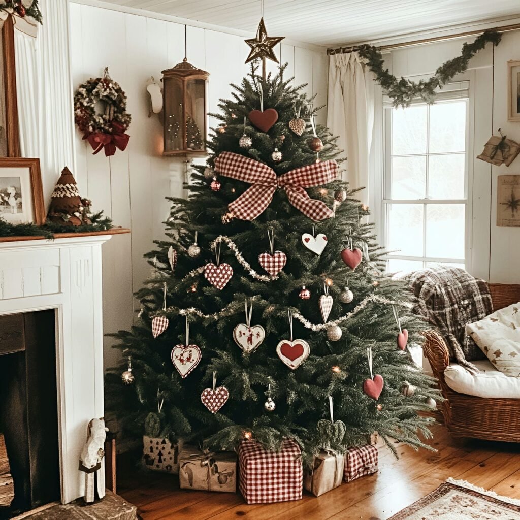 24. Gingham and Tinsel Christmas Tree with Tin Hearts & Bows