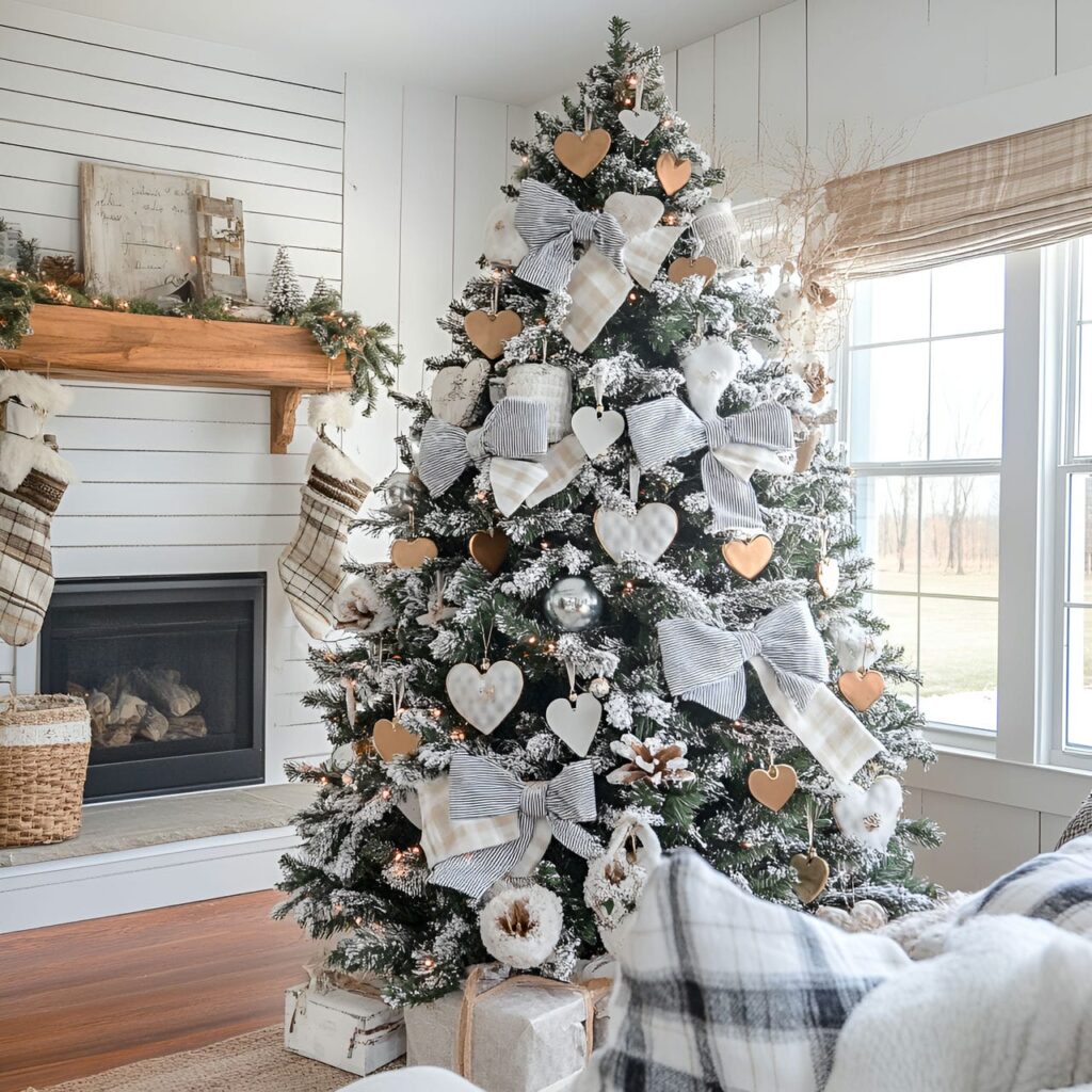 24. Gingham and Tinsel Christmas Tree with Tin Hearts & Bows