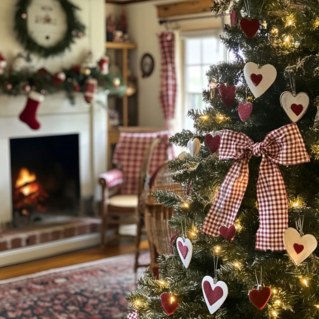 24. Gingham and Tinsel Christmas Tree with Tin Hearts & Bows