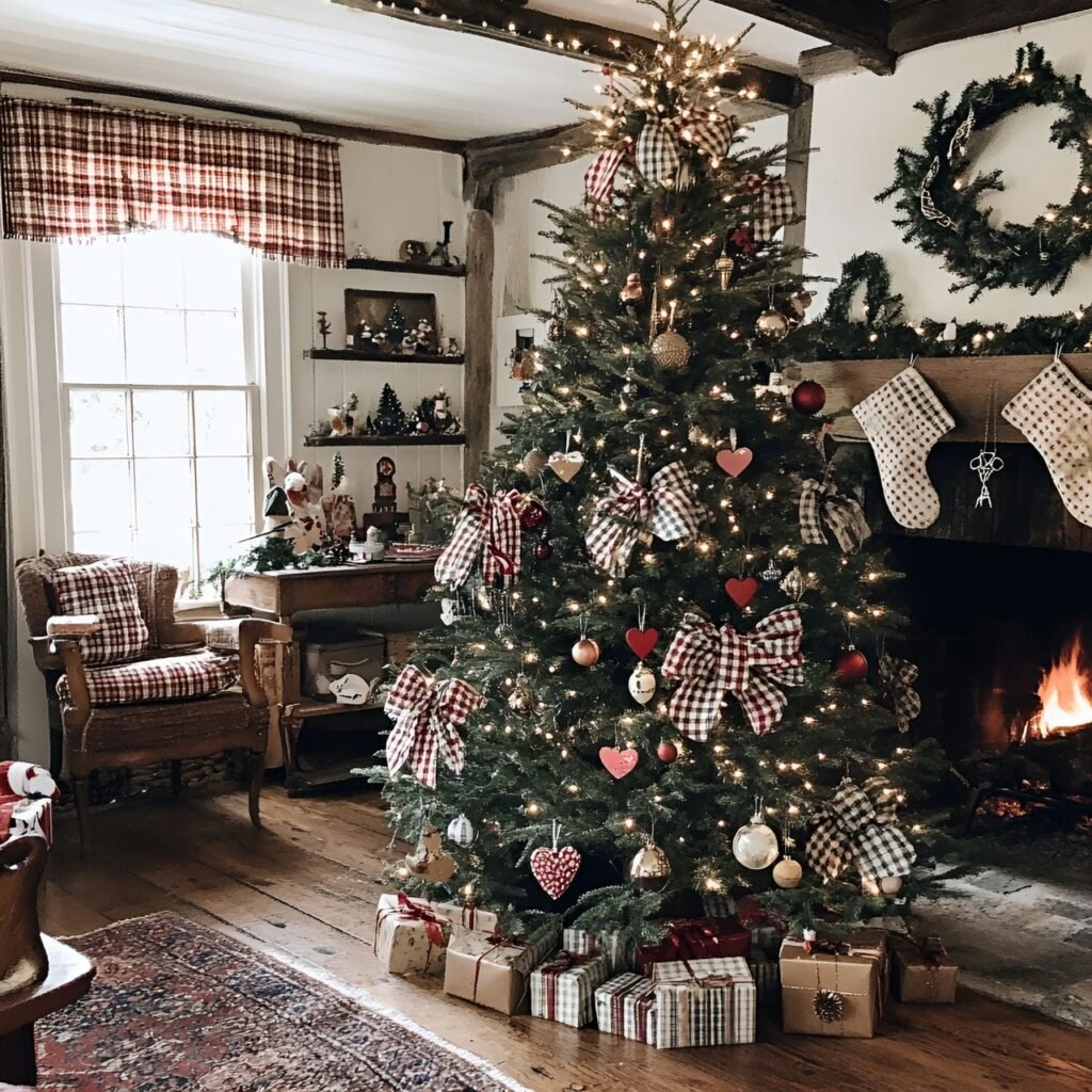 24. Gingham and Tinsel Christmas Tree with Tin Hearts & Bows