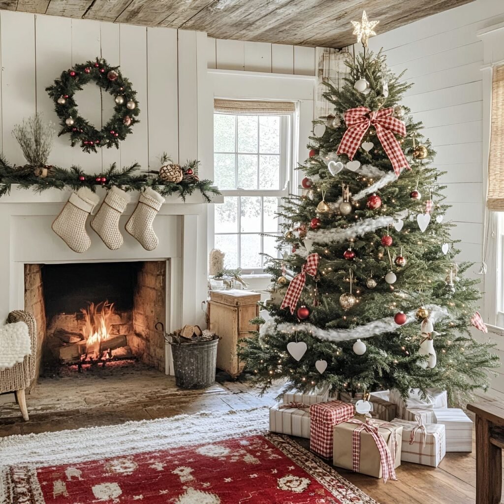 24. Gingham and Tinsel Christmas Tree with Tin Hearts & Bows