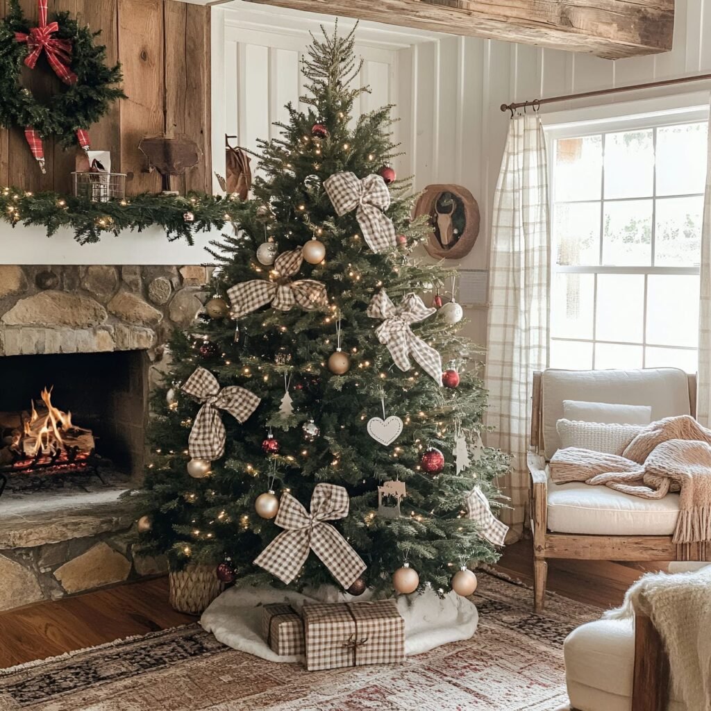 24. Gingham and Tinsel Christmas Tree with Tin Hearts & Bows