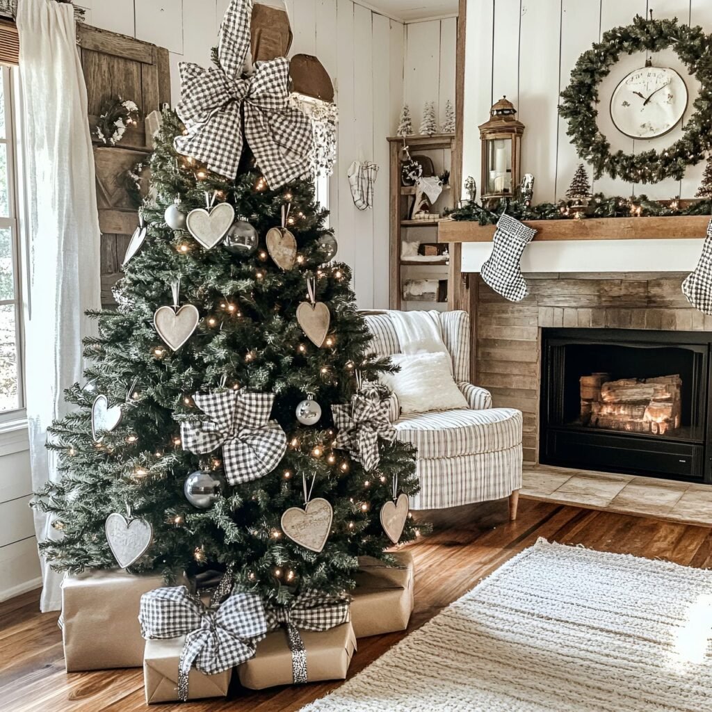 24. Gingham and Tinsel Christmas Tree with Tin Hearts & Bows